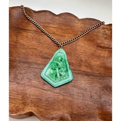 Vintage Carved Glass Pendant Necklace Faux Jade