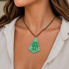 Vintage Carved Glass Pendant Necklace Faux Jade