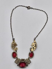 Antique Brass Filigree Necklace Red Glass Stones Art Deco Nouveau Style