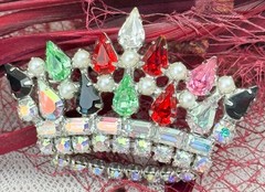 Vtg B. DAVID 2” Crown Brooch Colored Stones Princess Crown Rhinestones
