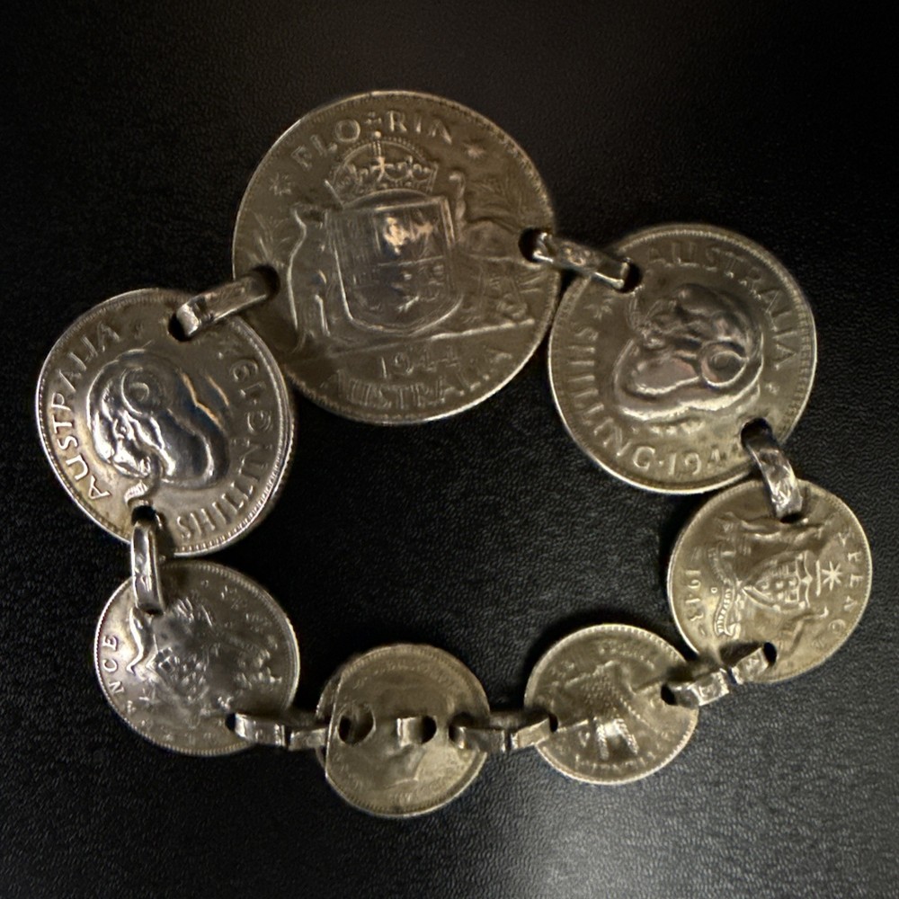 Vtg Coin Bracelet AUSTRALIA 1943-1944 FLORIN Sterling Coins 7”