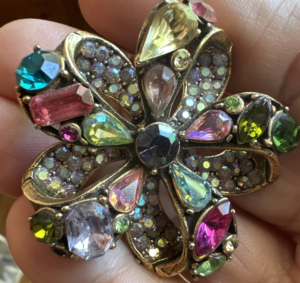 Vibrant Vintage Hollycraft Brooch Signed Blue Purple Green Pink Gold toned P-7