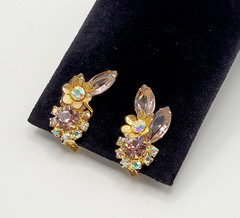 Glamorous AB Crystal Flower Floral Pale Rhinestone Climber Vtg Clip On Earrings