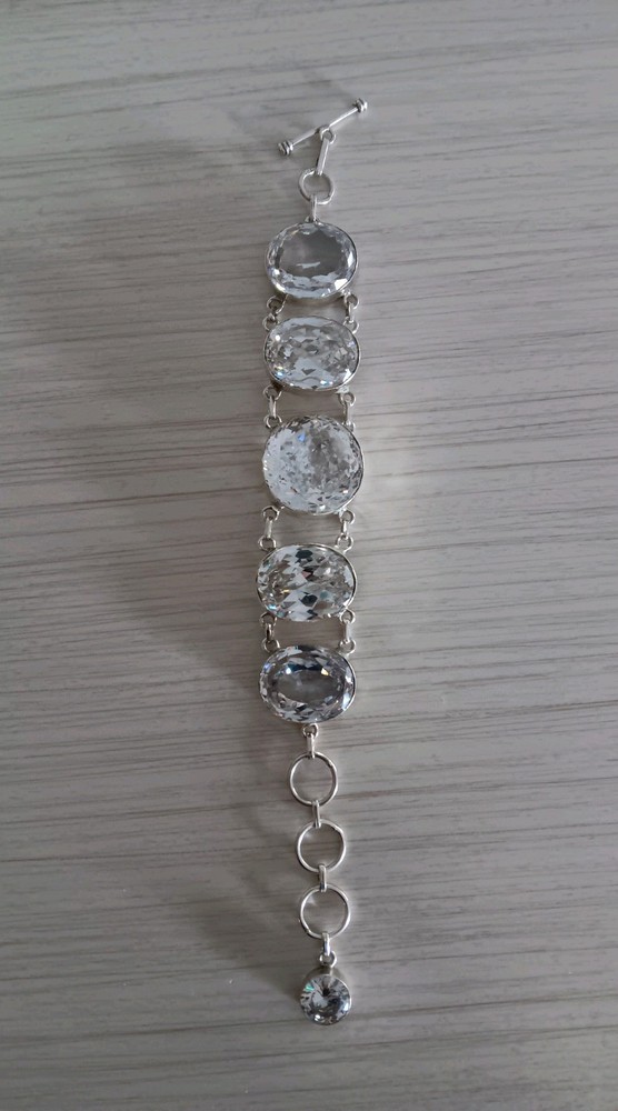 Sterling Silver Large Faceted Clear Crystal Round Link Bracelet Heavy 6 3/4″-8″