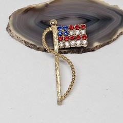 Vintage Rhinestone Gold Tone American Flag Brooch 80s/90s Patriotic Pin Jewelry