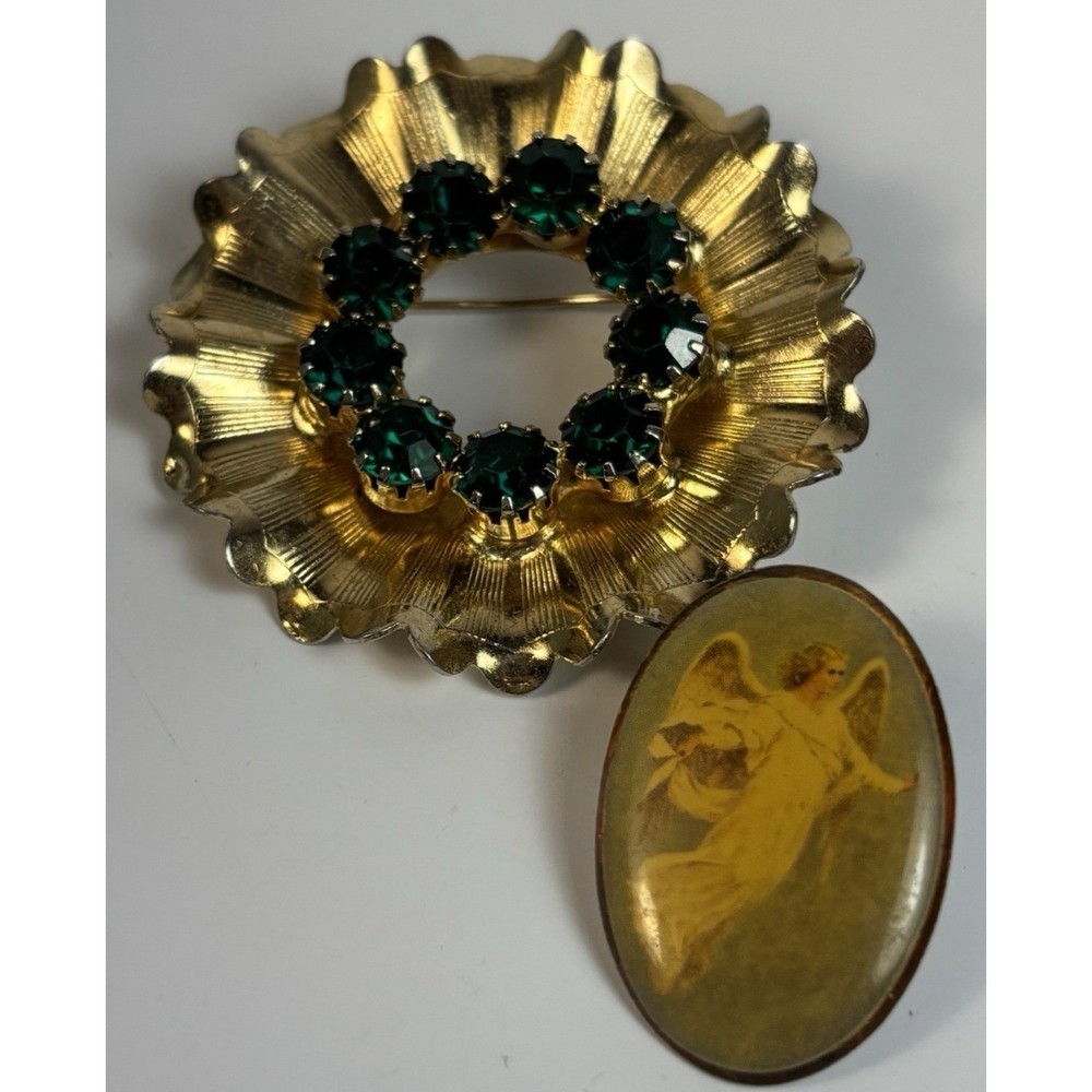 Brooch Lot Vintage Gold Tone Wreath Green Rhinestones Angel