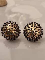 Vintage Handmade Studded Pins Beads Sequins Black/GoldOrnate Clip-On EarringsK49