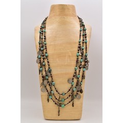 Vintage Beaded Charm Necklace Heavy Layered Turquoise Coin Antiqued Chunky BinBJ