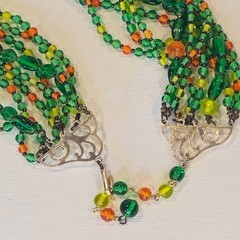 VTG Multi‑Strand Green Glass Bead Necklace Hand‑Strung Orange Yellow Accents