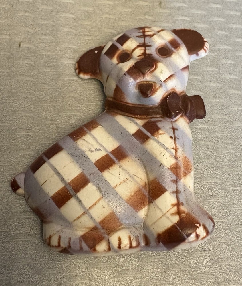 Art Deco Vintage Celluloid Gingham Dog Brooch brown and tan plaid pattern
