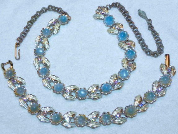 Vintage Judy Lee Blue Moonglow Cab Silver Tone Leaf Necklace Bracelet Set Rhines