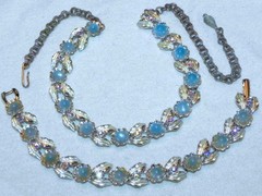 Vintage Judy Lee Blue Moonglow Cab Silver Tone Leaf Necklace Bracelet Set Rhines