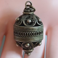 Vintage Ethnic Silver Filigree Orb Pendant Locket 1.5” Ornate Prayer Box Amulet