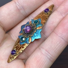 Vtg Victorian Style Art Nouveau Brooch Copper Turquoise Aqua Purple Rhinestone