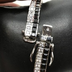 Vintage Signed LL 925 Sterling Silver Black Onyx Cubic Zirconia Tennis Bracelet