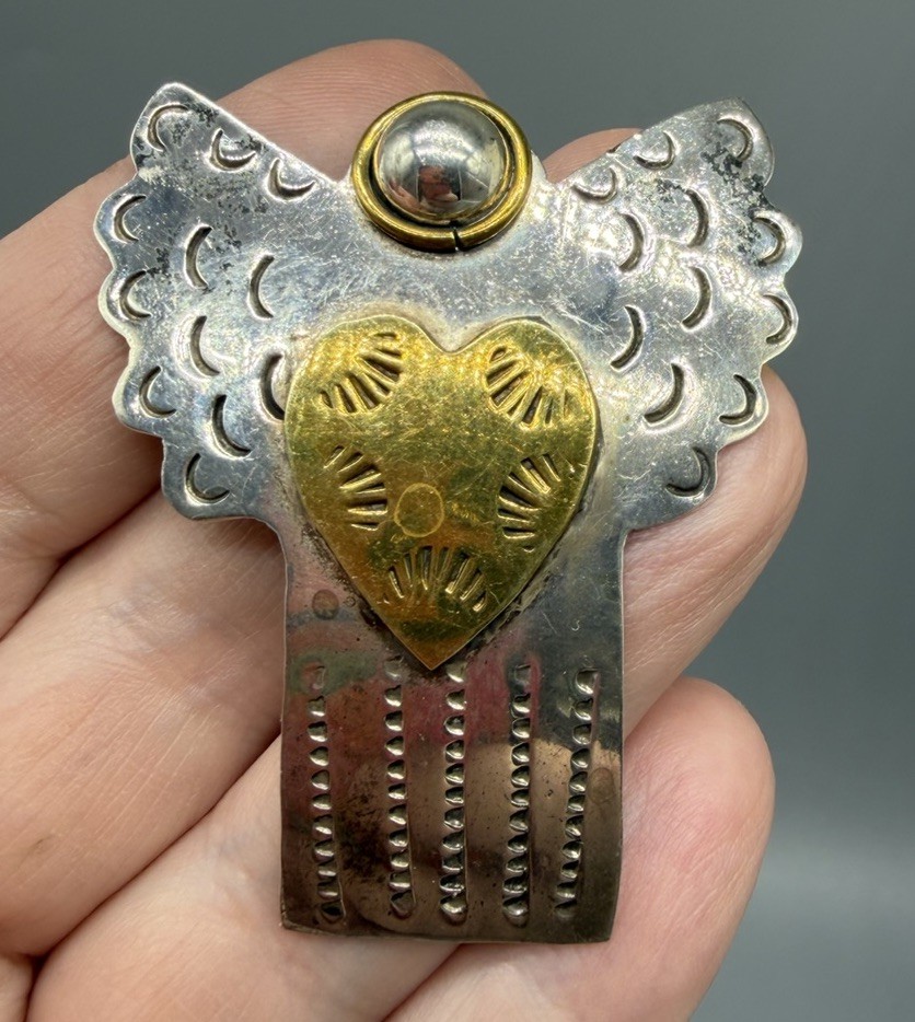 Vintage Mexico 925 Sterling Silver & Brass Angel Heart Pin Brooch Pendant 13.57g