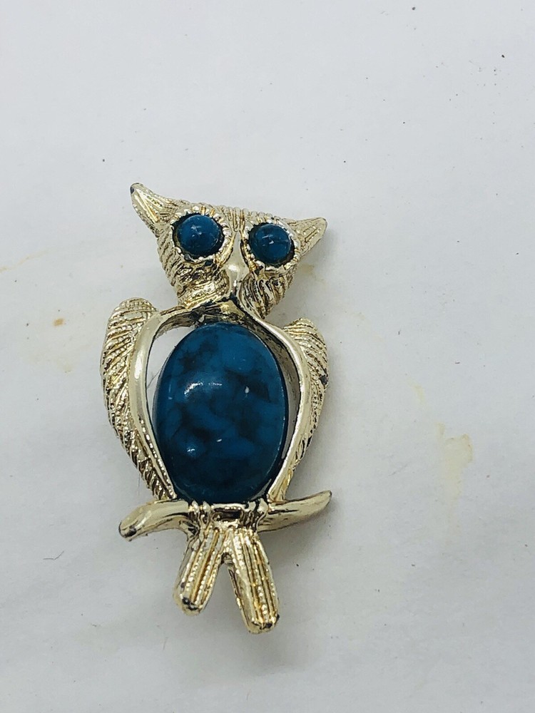 Owl brooch blue cabochons vintage goldtone