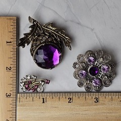 Vintage Gothic Style Filigree Silver Gold Tone Purple Rhinestone Brooch Set of 3