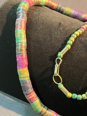 vintage Postmodern necklace features painted brass beads in jewel tones