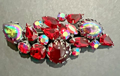 VTG. REGENCY RED & AURORA BOREALIS CABOCHON and RHINESTONE BROOCH & EARRING SET