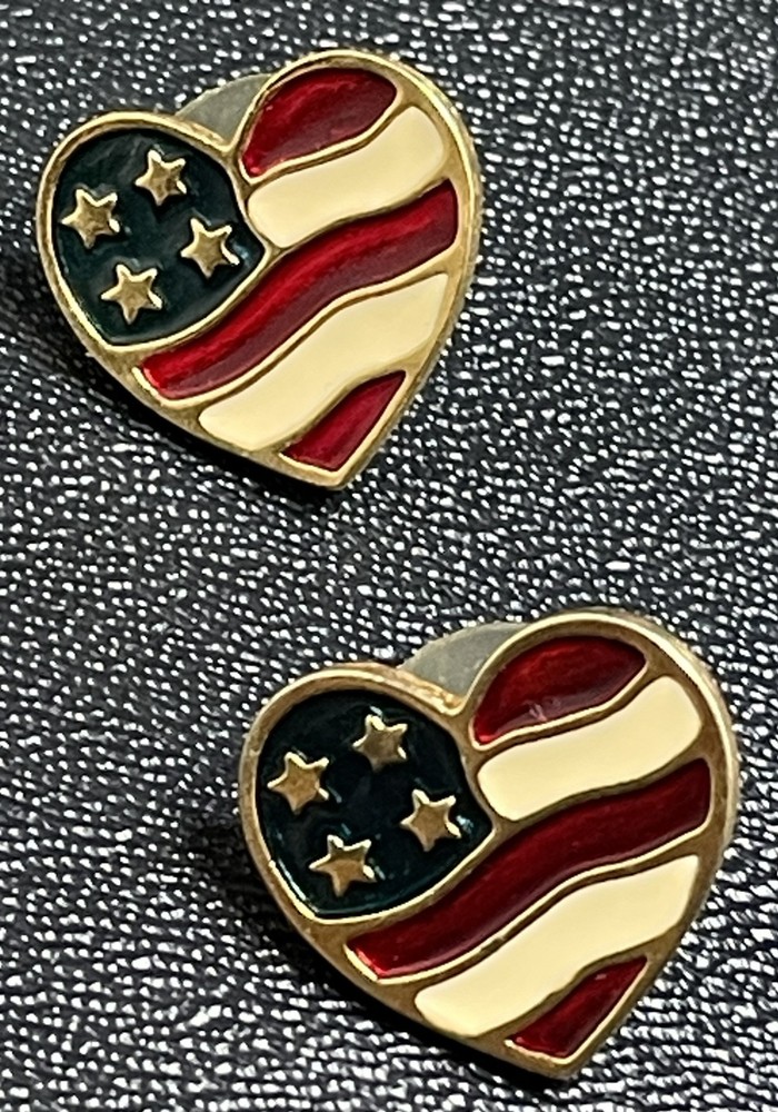 AVON Signed Vintage Heart American Flag Red White & Blue Earrings