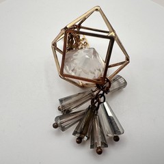 Vintage Gold Tone Geometric Cage Pendant with Clear Lucite Crystal Prism