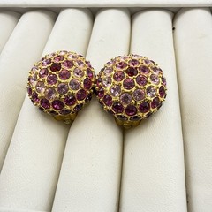 Joan Rivers Earrings Pink Purple Rhinestone Domed Round CLIP ON Cocktail Vintage