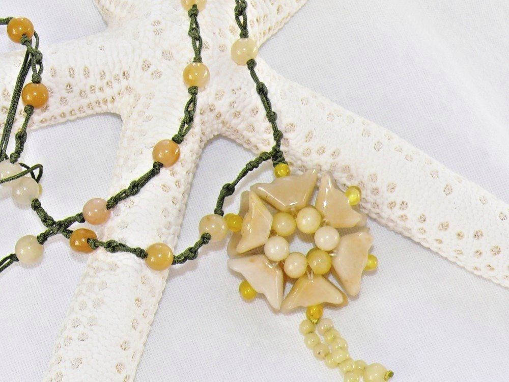 Vintage Yellow Jade Beaded Flower Pendant Necklace Tassel Green Silk Rope Pretty