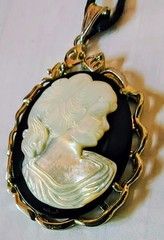 Vintage- style Large Cameo Pendant. White Mother of Pearl Portrait Carved.
