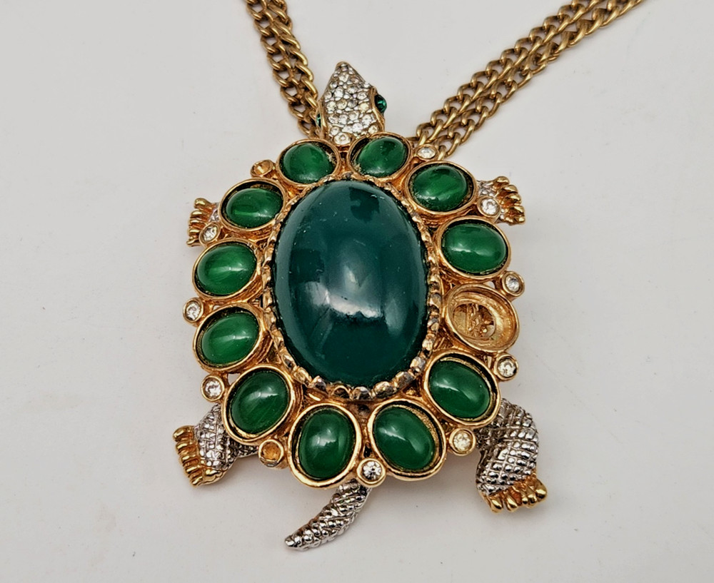 Kenneth Jay Lane KJL Tortoise Turtle Brooch Watch Cabochons & Crystals 26”L