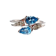 Classic 14k Solid White Gold Natural Blue Topaz and Diamond By-Pass Ring Size 7
