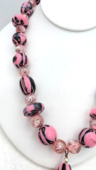 Vintage Glass Necklace Pink Black Art Glass Beaded Pendant 18 Inch