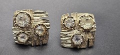 Vintage Modernist Textured Gold Tone Square ClipOn Earrings Clear Crystals 80s