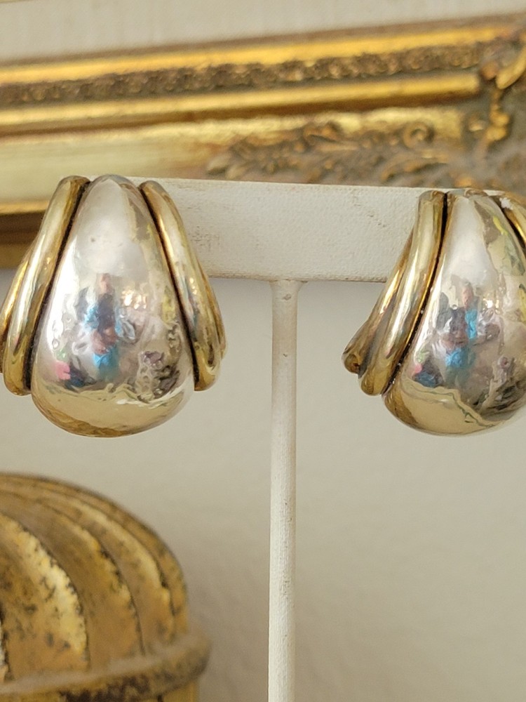 VINTAGE DESIGNER E&L STERLING SILVER & GOLD VERMEIL ELECTROFORM CLIP-ON EARRINGS