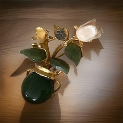 Vtg Swoboda Jade & Coral Rose Flower Pot Brooch Missing Stone And Flower