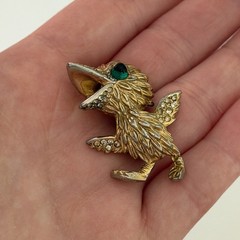 Vintage Bird Chick Duckling Gold Tone Green Eyed Rhinestone Brooch Pin