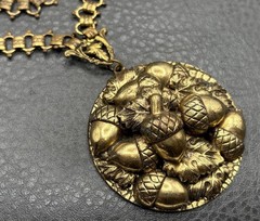 Vintage Victorian Revival Huge Acorn Pendant Necklace Book Chain 18” Unique!