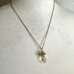 Vintage Pineapple Necklace & Earrings Gold Tone & 925 Rhinestones Crystal Beach