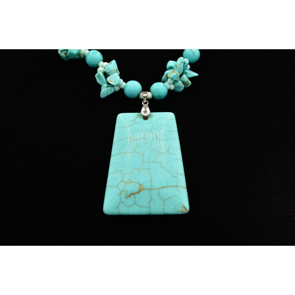 Vintage Cabochon Pendant Necklace Beaded Faux Turquoise Stone Statement Bin1D