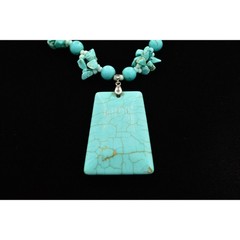 Vintage Cabochon Pendant Necklace Beaded Faux Turquoise Stone Statement Bin1D