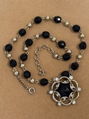 Vintage Coro Black Faceted Glass Bead Rhinestone Pendant Necklace Signed