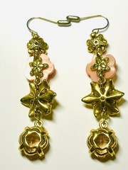 Vintage Gold Dangling Earrings Lilac Faceted Gems, Enamel Flowers, Glass Pearls