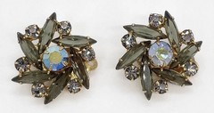 Vintage TARA by D&E Juliana Clip Earrings Gray Navette AB Rhinestones 1”