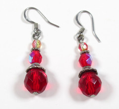 Vintage Red Faceted Bead Dangle Earrings Silver Tone Hook