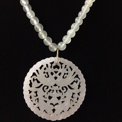 Vintage Green Prehnite Carved Pendant Beaded Necklace 20”