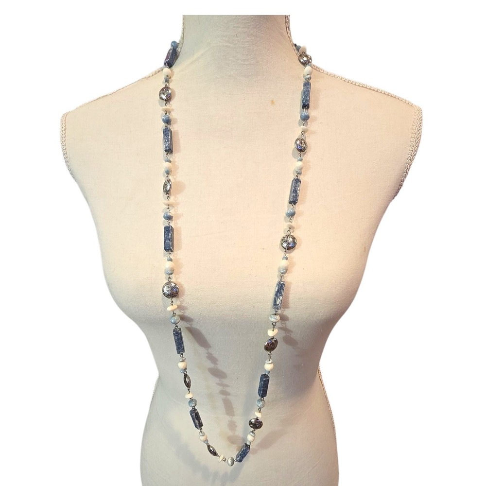 Necklace Vintage Beaded Floral Blue Bleached Acrylic 32″ Layering SKU2342