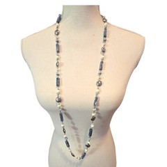 Necklace Vintage Beaded Floral Blue Bleached Acrylic 32″ Layering SKU2342