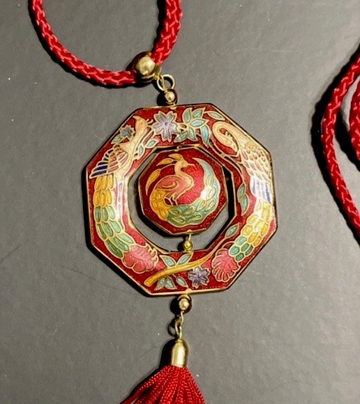 Vintage Cloisonné Red Floral Peacock Enameled Hexagon Tassel Necklace Bird New