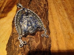 Spectacular Large Heavy Vintage .980 Silver & Handcarved Lapis Mayan Pendant ☆☆☆