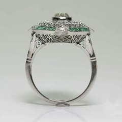 Art Deco 1.9Ct Round Lab Created Diamond & Emerald Engagement 925 Silver Ring